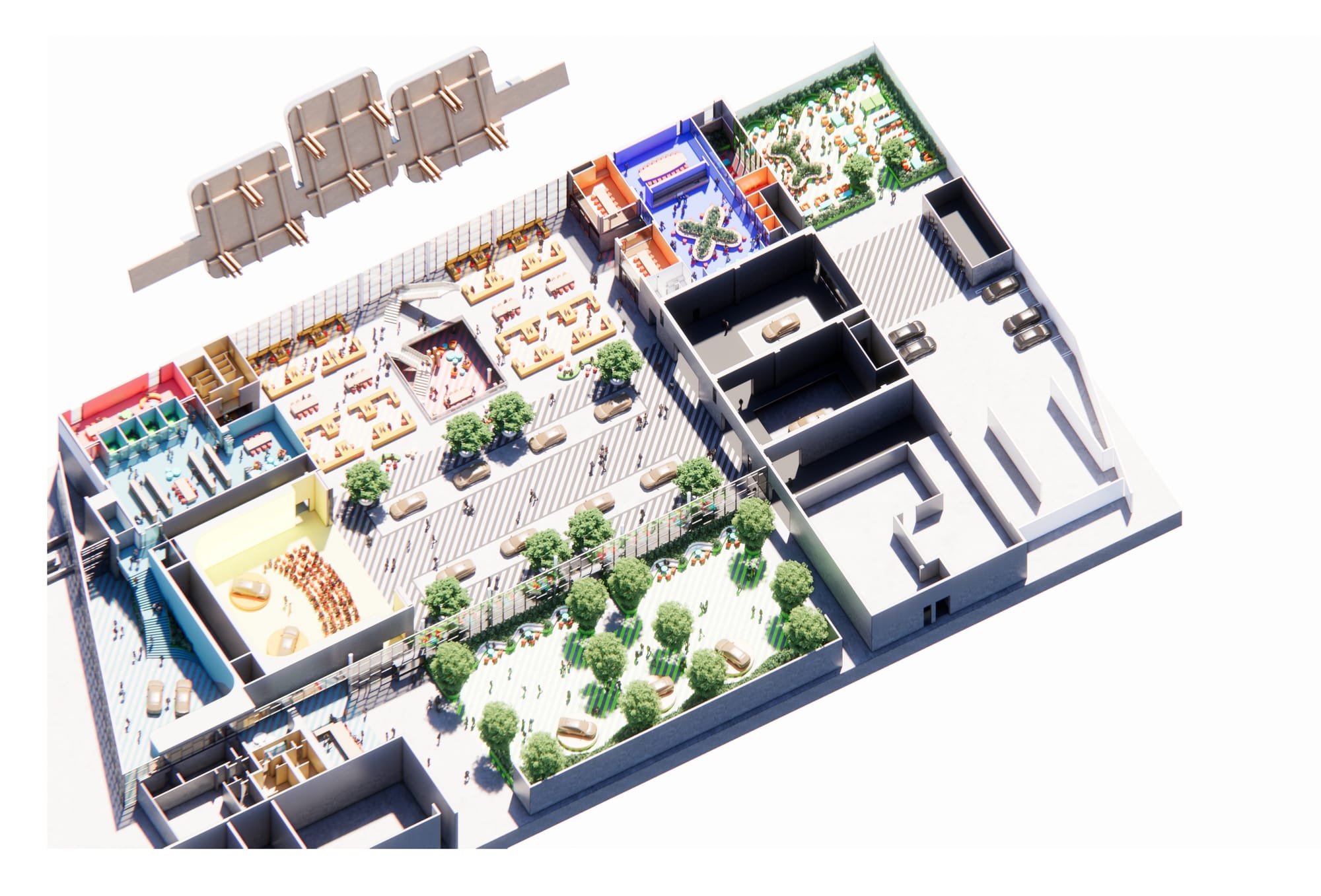 First floor · axonometric showcasing program and experience