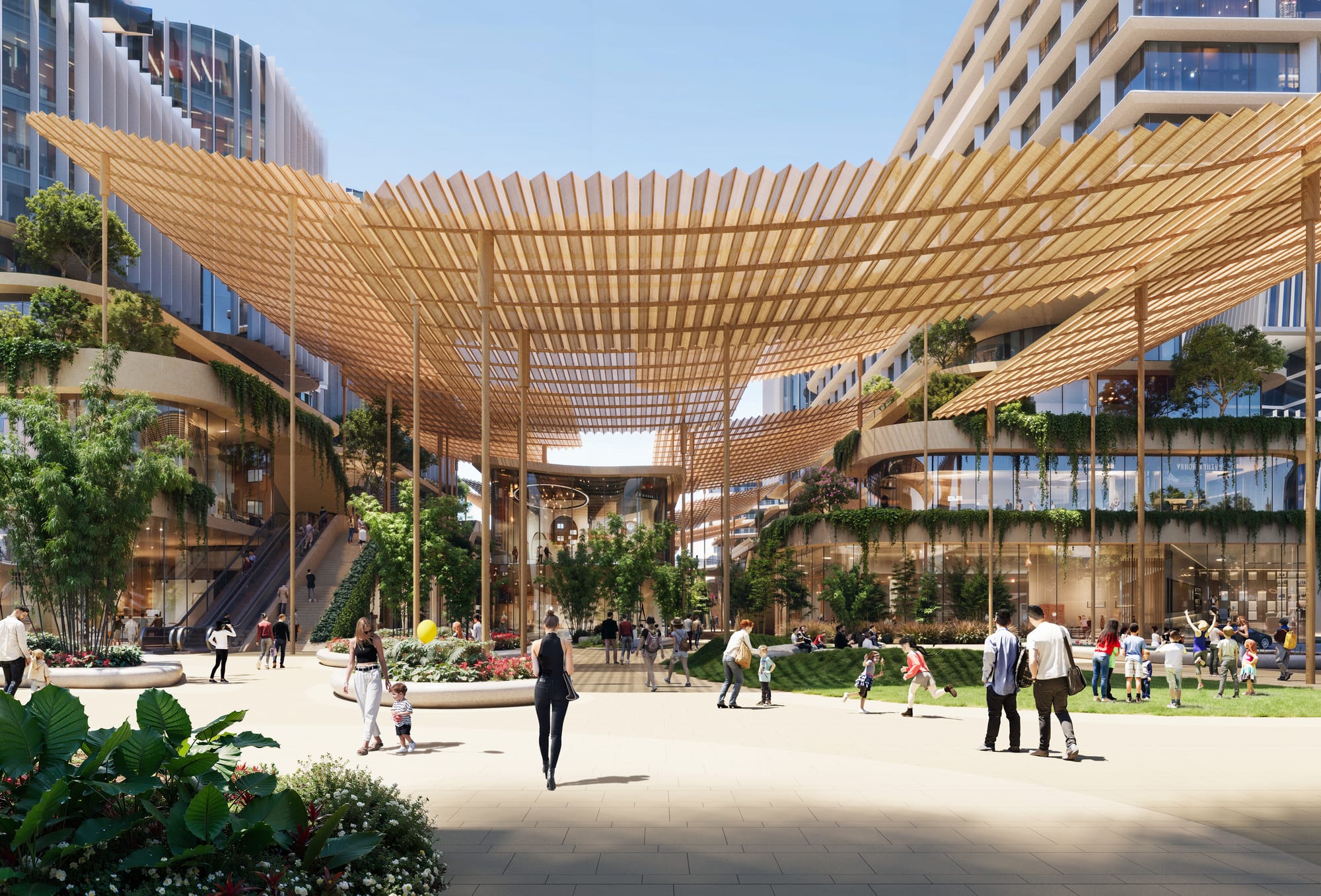 Experiential view · View down and through the central green and public space