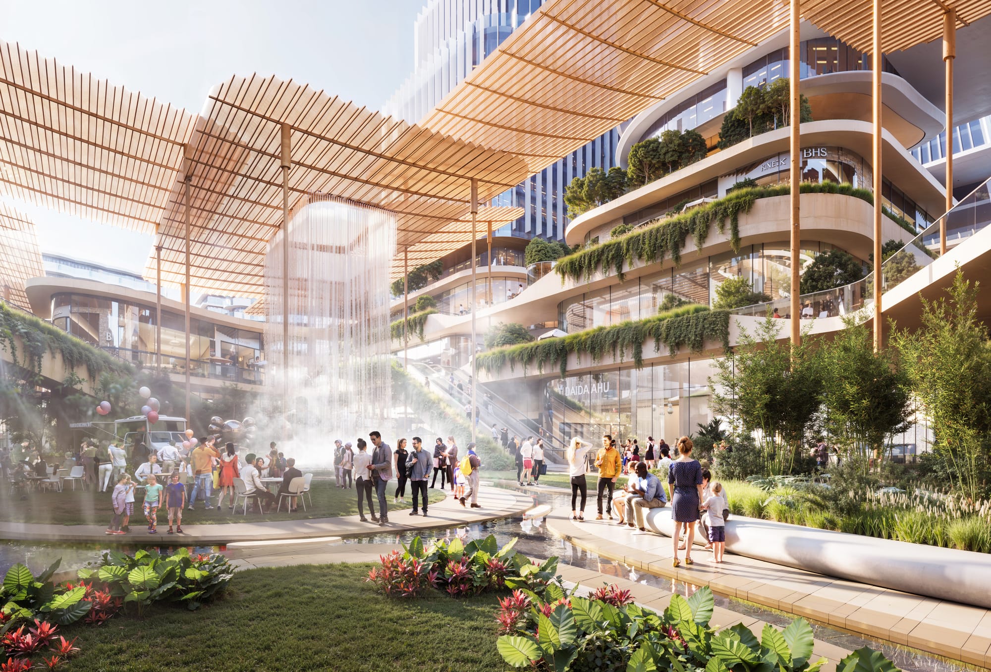 Experiential view · Central garden with waterfall and retail canyon