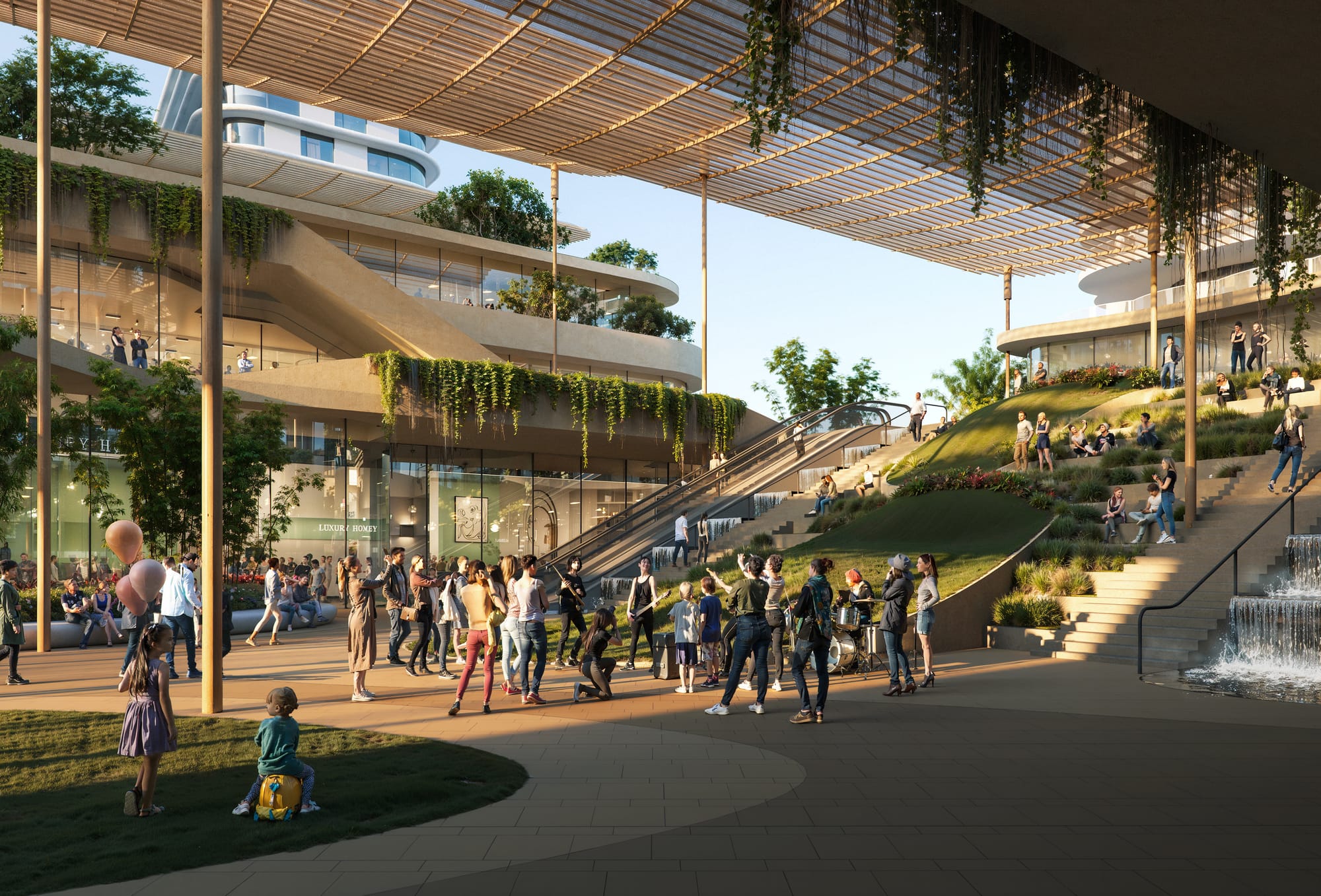 Experiential view · Central commons for events and relaxation