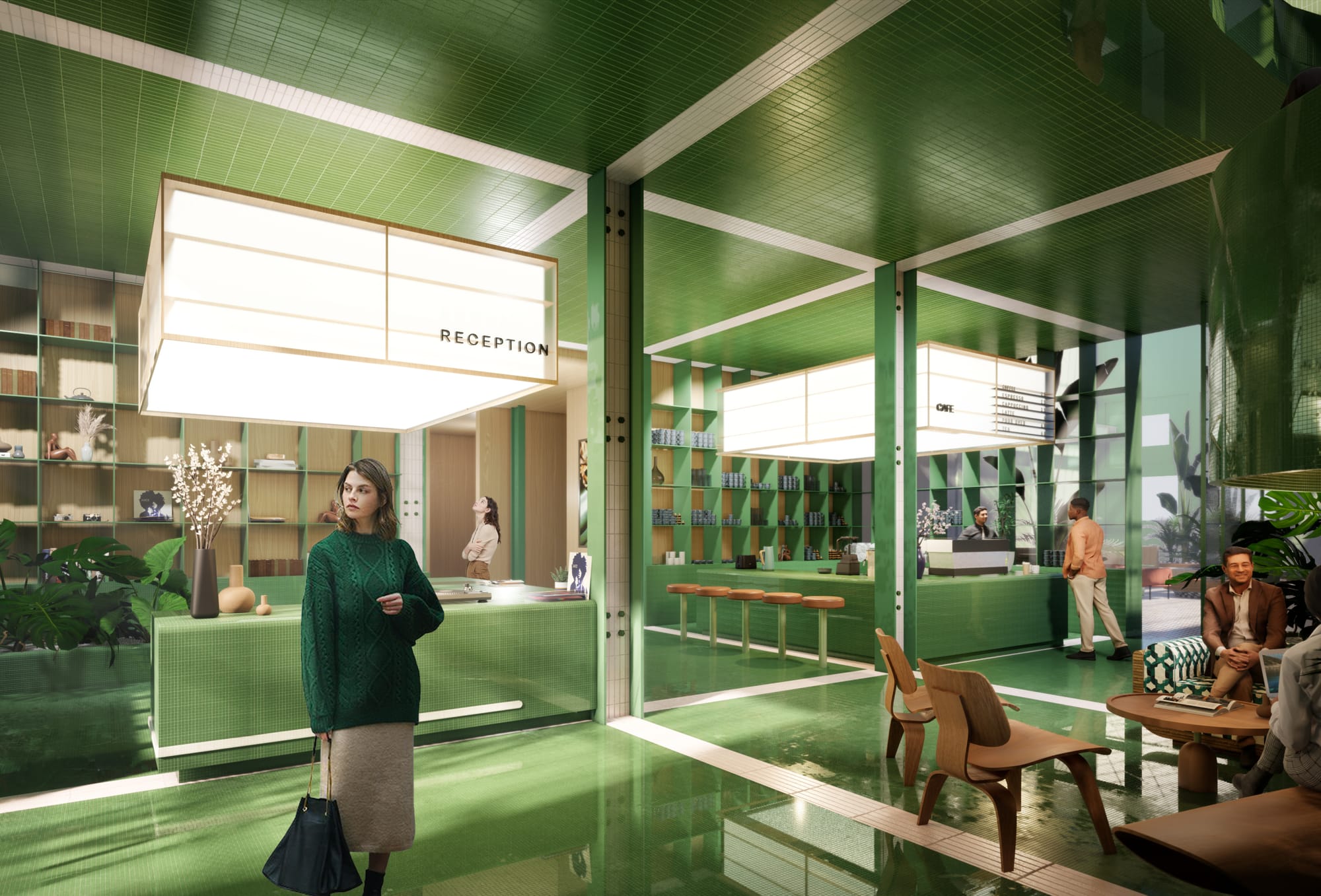 Experiential view · Arrival at reception and a coffee kiosk