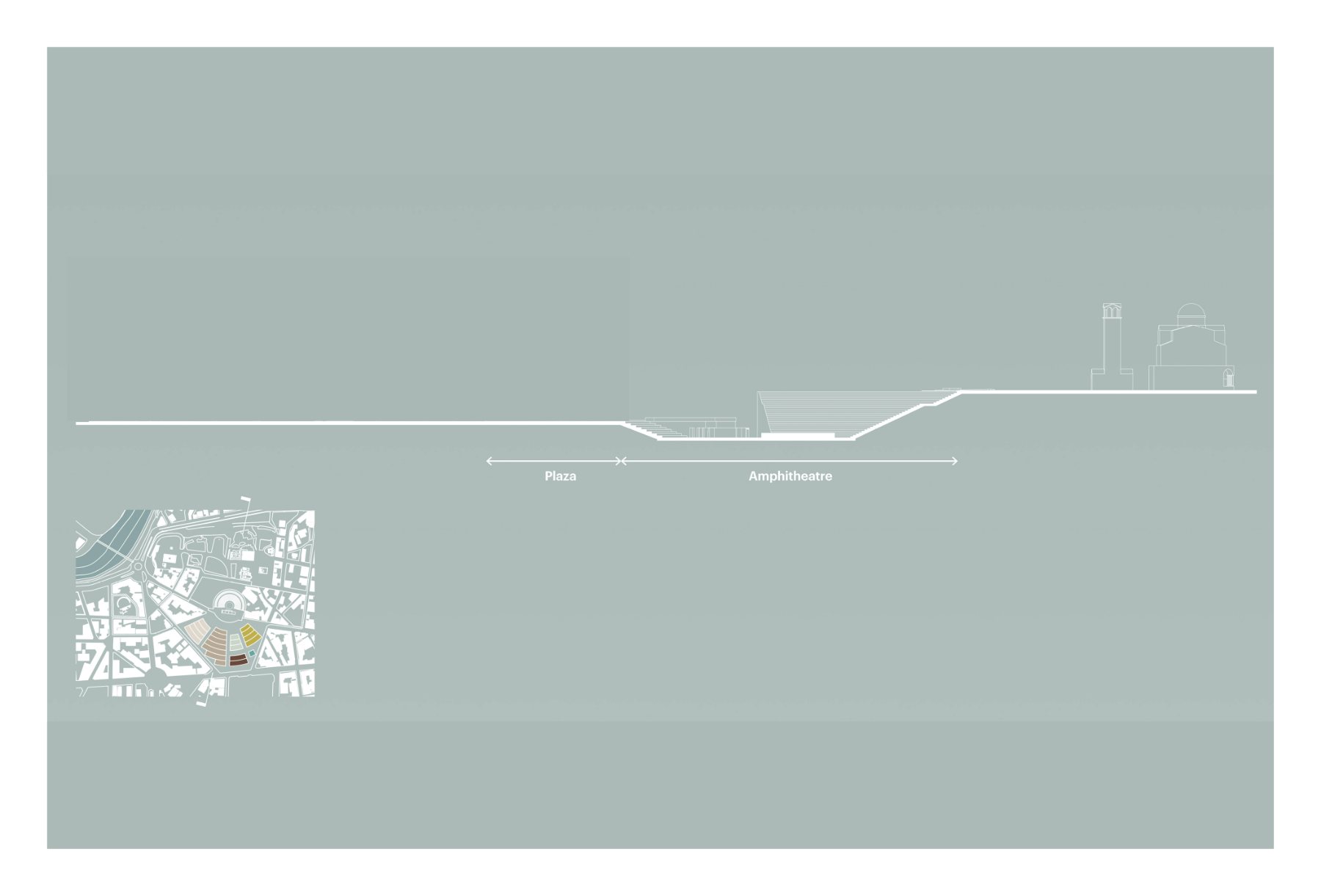 Section · existing datum · the amphitheatre and plaza set against the cathedral on Fortress Hill