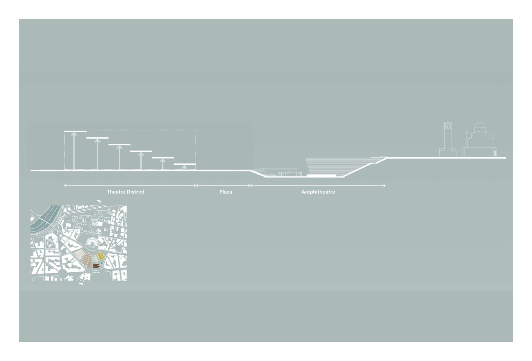 Section · proposed datum · the theatre district frames a continuous civic landscape from plaza to amphitheatre