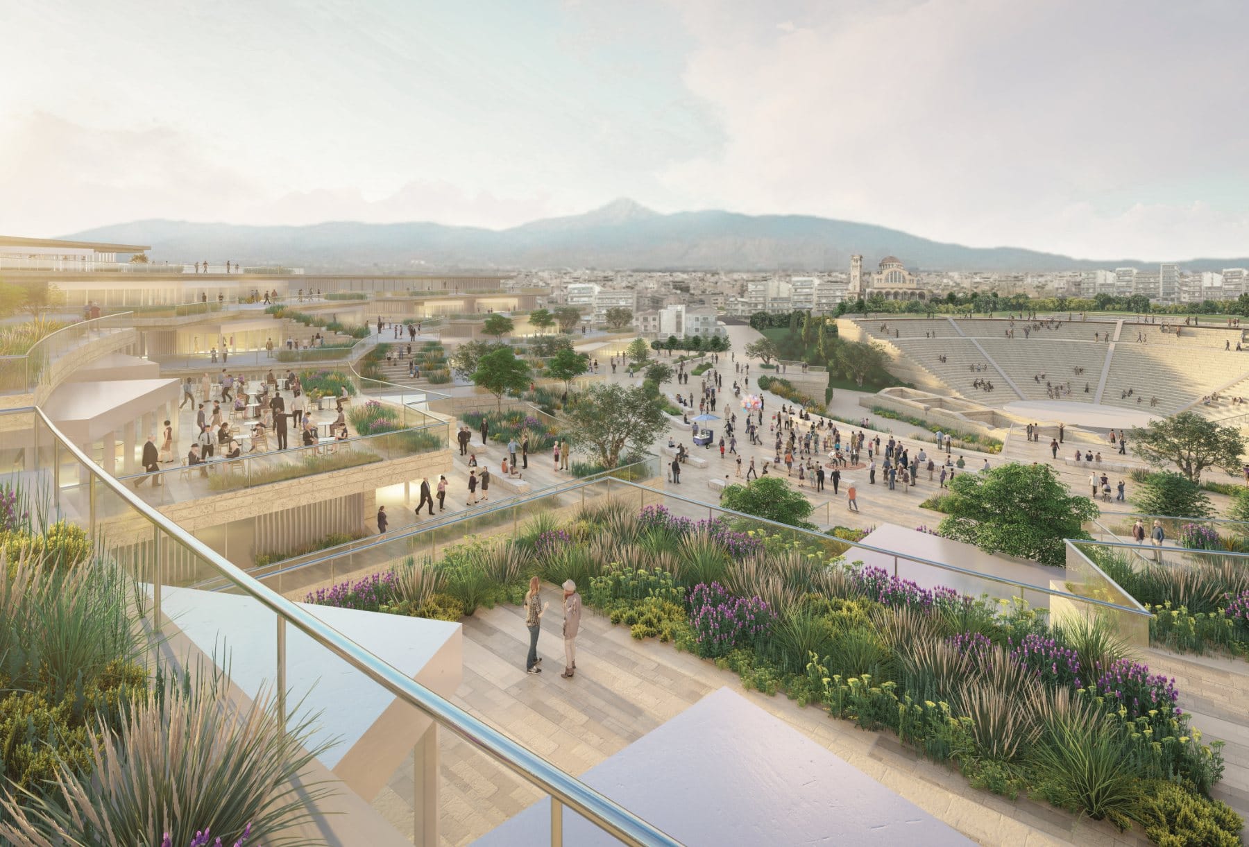Plaza terraces · stone benches and gardens stepping down toward the amphitheatre precinct