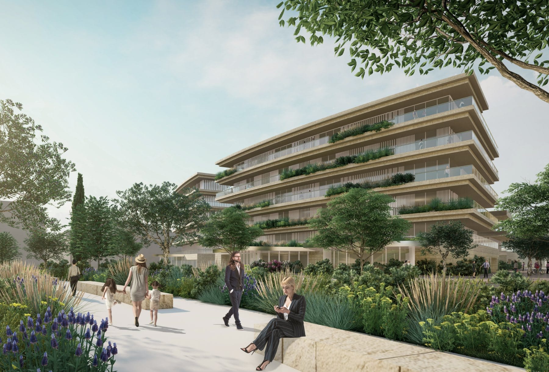 Theatre district · terraced residential and cultural facades framing the new public realm