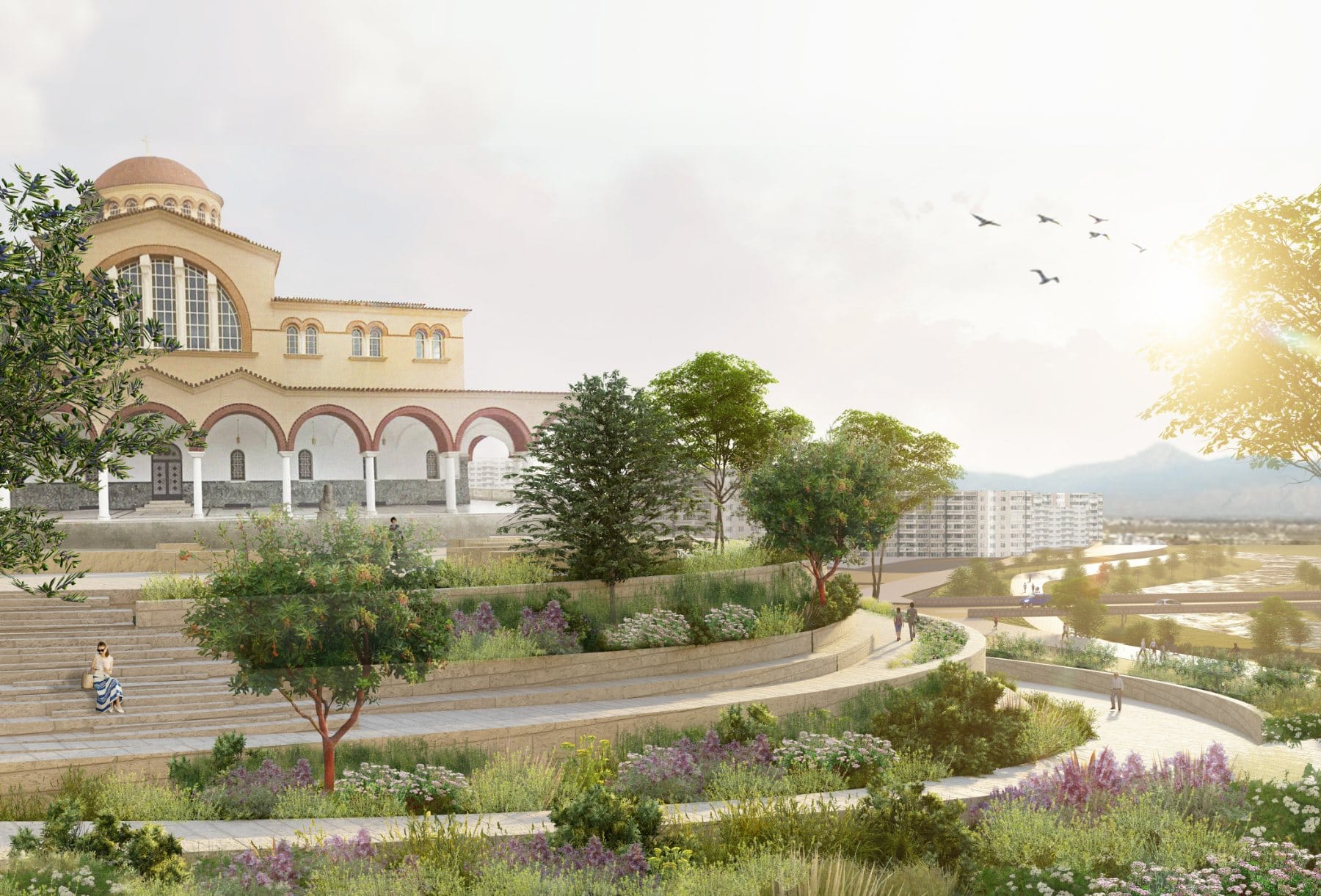 Plaza overlook · view across the amphitheatre to the city and the Pinios valley beyond