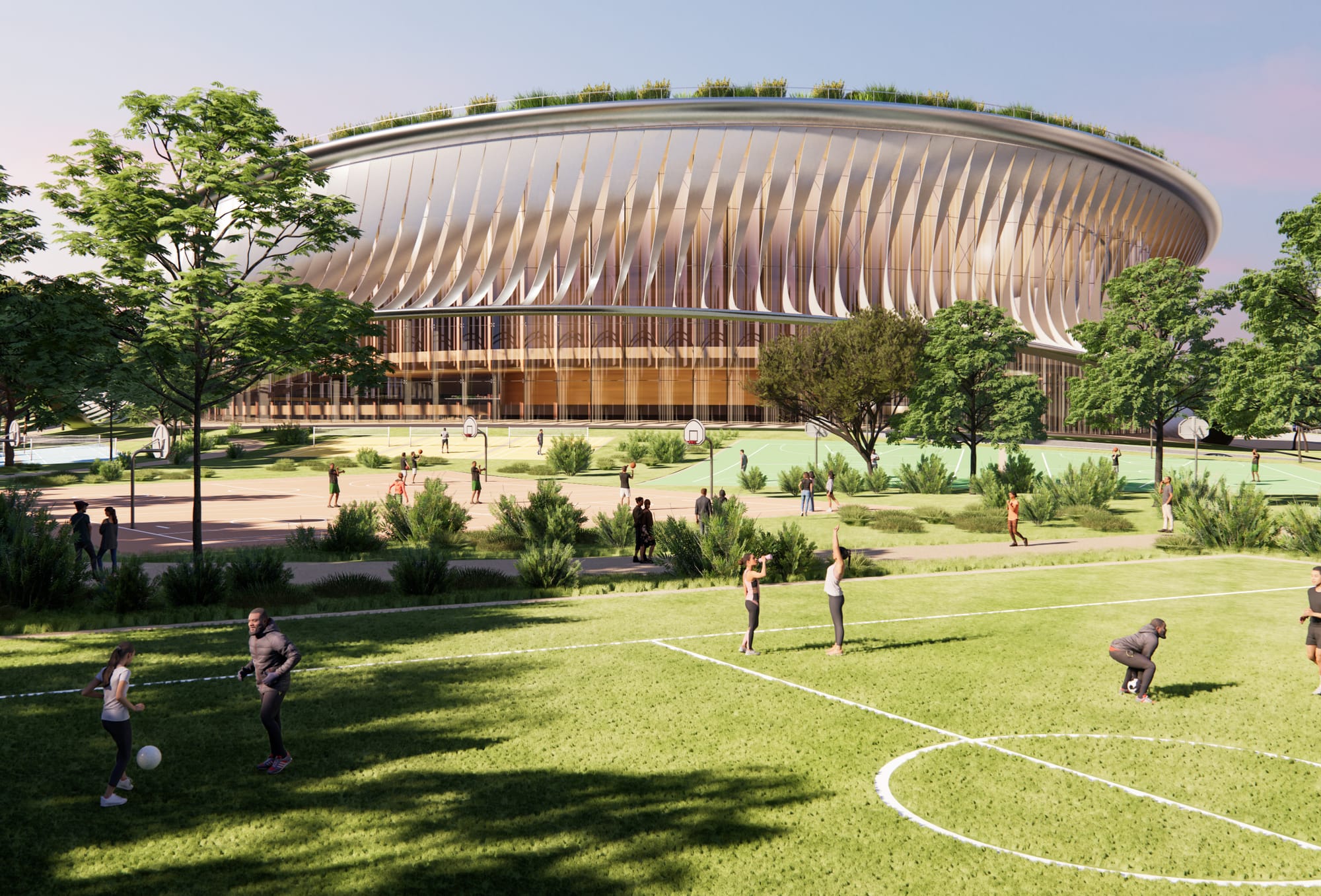 Experiential view  · recreation fileds with the primary badminton hall in the background