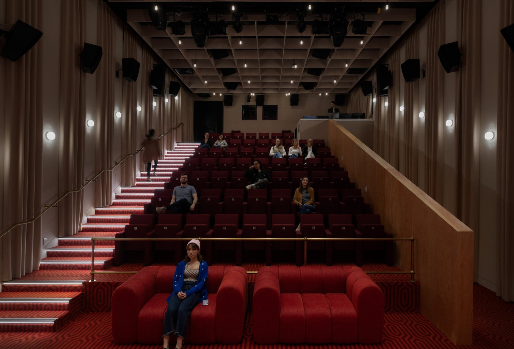 Mezzanine · the view across the workplace floor, with cherry-bomb meeting volumes below