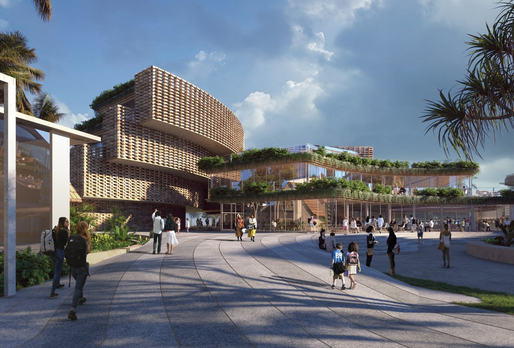 Plaza · arrival into the woven brick facade