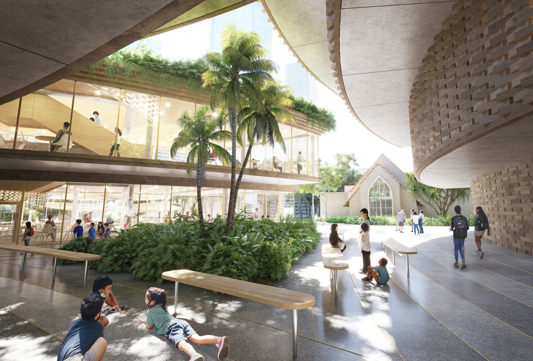 Atrium · open-air commons with St. Alban's Chapel beyond