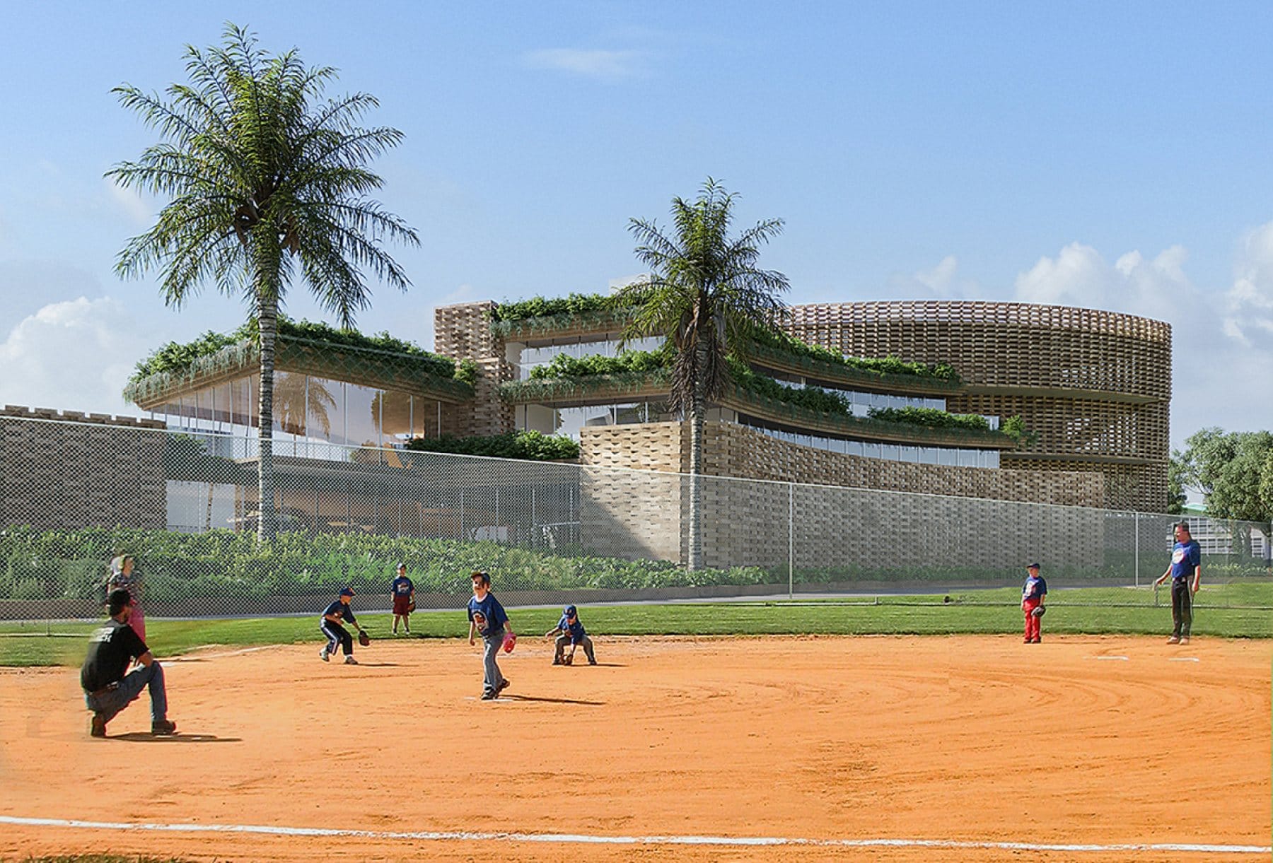 Recreation field · the building reads against the campus playfields