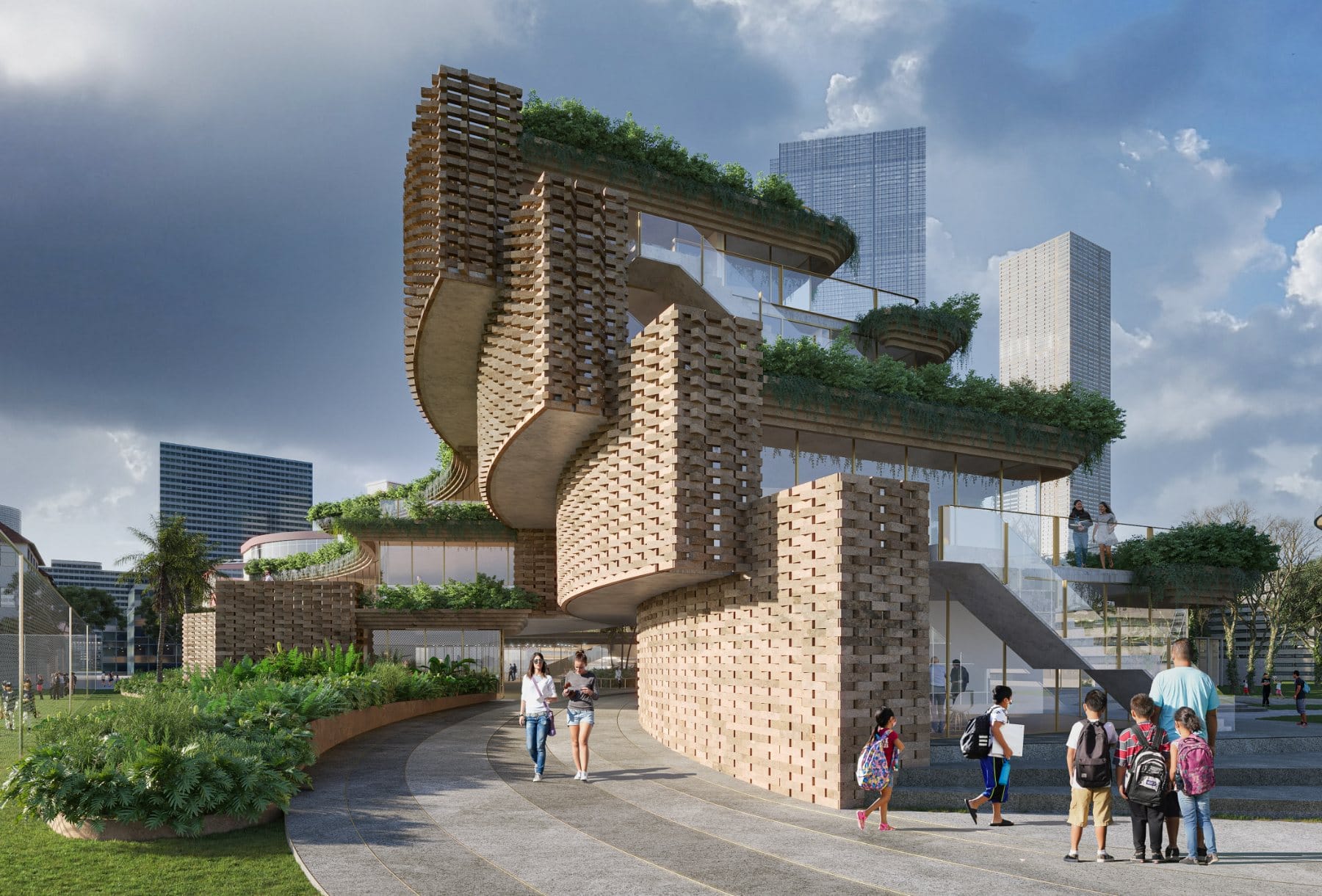 Exterior · stacked brick volumes &amp; cantilevered roof gardens